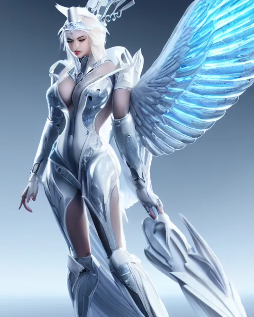 Image similar to perfect white haired attractive egyptian goddess with huge white dove wings, warframe armor, beautiful, symmetric, dreamy, half asian, pretty face, blue eyes, detailed, scifi platform, laboratory, experiment, 4 k, ultra realistic, epic lighting, android body, illuminated, cinematic, masterpiece, art by akihito tsukushi, voidstar