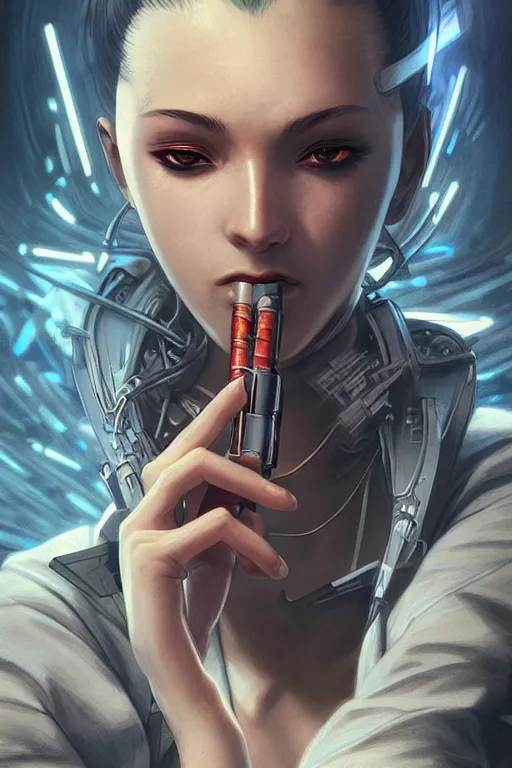 Image similar to ultrarealistic illustration cyberpunk cyberninja smoking a cigarette, cyberpunk, highly detailed, intricate, elegant, digital pencil painting, anime, cartoonish, sharp focus, character centred, illustration, art by artgerm and greg rutkowski and alphonse mucha,