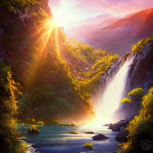 Prompt: beautiful waterfall between lush mountains in the sunset casting rays of light, highly detailed, sharp focus, artgerm, cgsociety