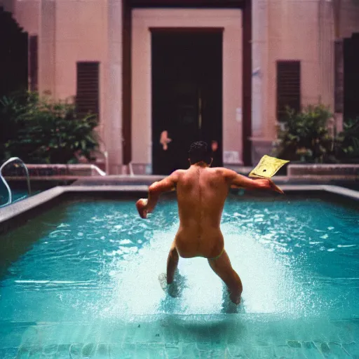 Prompt: photo of jewish man diving into a pool of money, cinestill, 800t, 35mm, full-HD