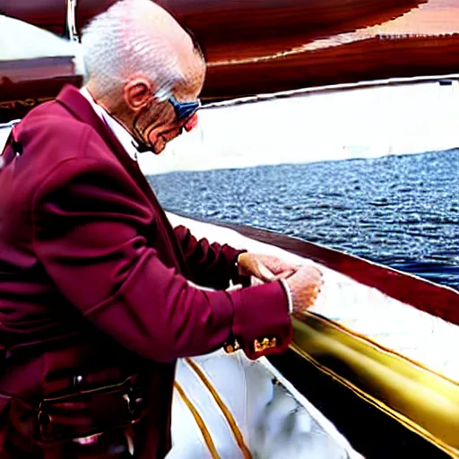 Image similar to wrinkled hunchbacked old man in musty burgundy suit, polishing painting the side of a huge gold plated mega yacht with a cloth, maintenance photo