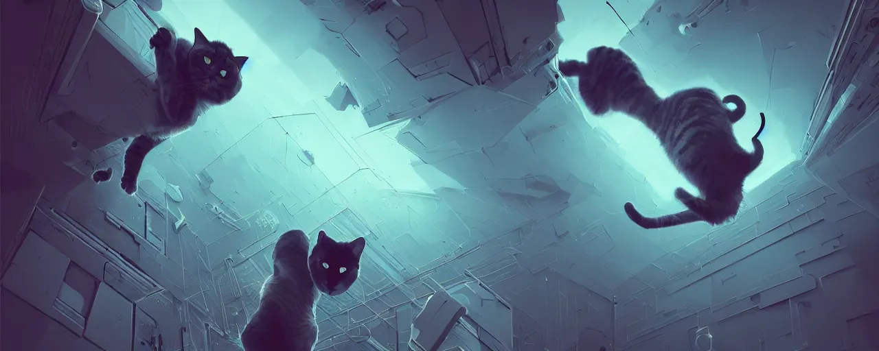 Image similar to duotone noir scifi concept dynamic illustration of 3 d mesh of cat inside box floating zero gravity glowing 3 d mesh quantum portals, glowing eyes, octane render, surreal atmosphere, volumetric lighting. accidental renaissance. by sachin teng and sergey kolesov and ruan jia and heng z. graffiti art, scifi, fantasy, hyper detailed. trending on artstation