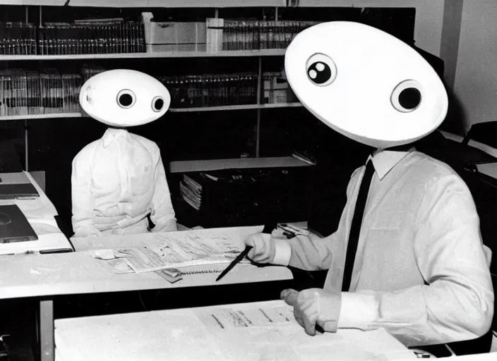 Image similar to an alien wearing a suit working a desk job at Area 51 in 1960s, archive photograph