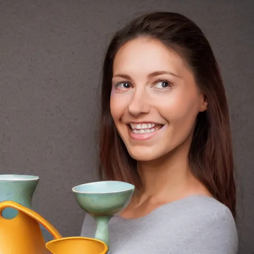 Prompt: woman holding 2 giant jugs while smiling, photorealistic, studio