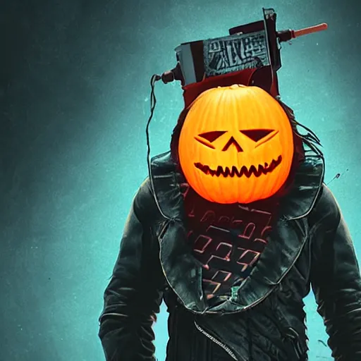 Prompt: a cyberpunk punk with a pumpkin head on a house roof with a baseball bat