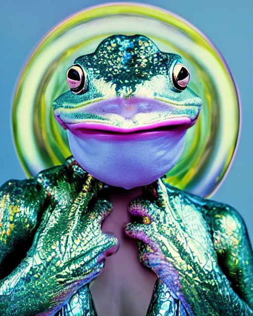 Image similar to natural light, soft focus portrait of a cyberpunk anthropomorphic frog with soft synthetic pink skin, blue bioluminescent plastics, smooth shiny metal, elaborate ornate head piece, piercings, skin textures, by annie leibovitz, paul lehr