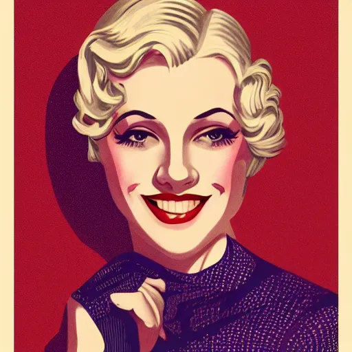 Image similar to smiling, happy, beautiful, intelligent, powerful, 1 9 2 0 s, blonde housewife, 2 8 years old, loving eyes, fully clothed, wise, beautiful, dramatic lighting, sharp focus, by stanley artgerm, dramatic lighting, trending on artstation, flat colour, geometric curves, gradient filter, art deco patterns