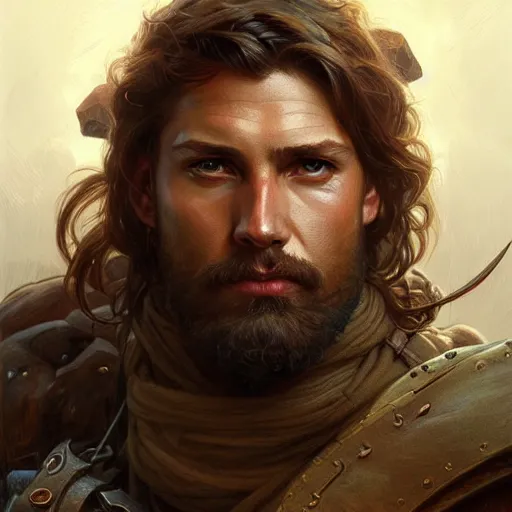 Image similar to portrait of a rugged ranger, muscular, upper body, blood, D&D, fantasy, intricate, elegant, highly detailed, digital painting, artstation, concept art, smooth, sharp focus, illustration, art by artgerm and greg rutkowski and alphonse mucha