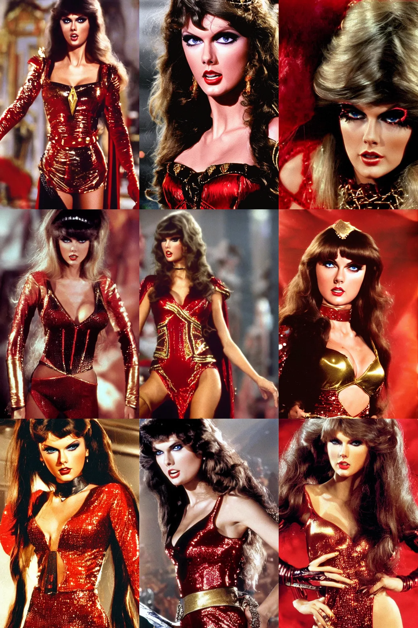 Prompt: Close up shot of Caroline Munro combined with taylor swift as Princess Aura in Flash Gordon 1980, Red Gold and Black outfit, film still