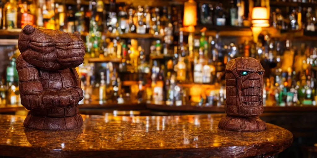 Image similar to phil spencer,, phil spencer, loseup photorealistic photograph of a ben grimm style tiki mug sitting on the bar at trader vic's with the face of ben grimm on it. fantastic four. tiki culture. bright scene. fine detail. this 4 k hd image is trending on artstation, 4 k,
