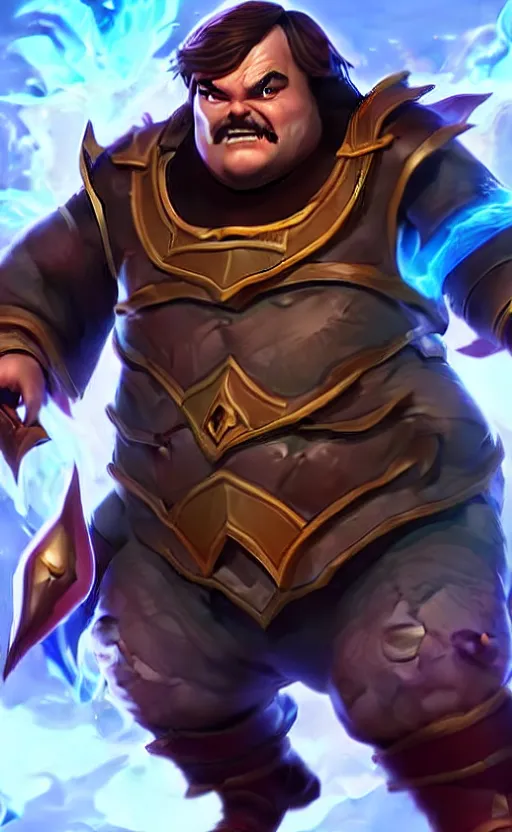 Image similar to Jack Black as a character in the game League of Legends, with a background based on the game League of Legends, detailed face, old 3d graphics