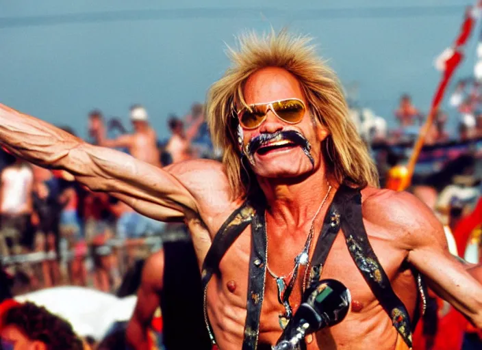 Image similar to photo still of david lee roth at the woodstock 9 9!!!!!!!! at age 3 6 years old 3 6 years of age!!!!!!!! on stage in spandex, 8 k, 8 5 mm f 1. 8, studio lighting, rim light, right side key light