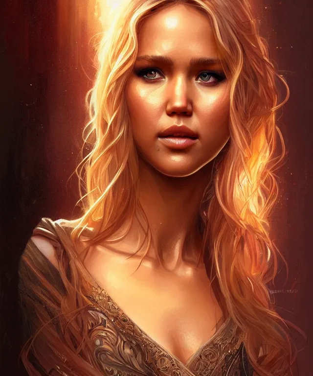 Prompt: half jessica Alba half Jennifer lawrence, a fantasy beautiful woman portrait, amber loving eyes, face, long hair, fantasy, intricate, elegant, highly detailed, digital painting, artstation, concept art, smooth, sharp focus, illustration, greg rutkowski and alphonse mucha