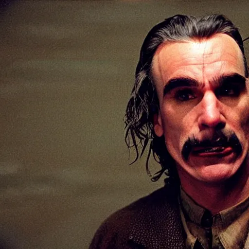 Image similar to frightening, creepy, scary, horrifying daniel day lewis as killer bob in twin peaks, scene from episode directed by david lynch and mark frost, 8 k, 1 9 9 0