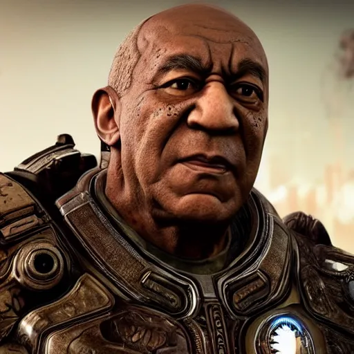 Image similar to asian bill cosby in gears of war, splash art, movie still, detailed face, photorealistic facial features, cinematic lighting, dramatic, octane render, long lens, shallow depth of field, bokeh, anamorphic lens flare, 8 k, hyper detailed, 3 5 mm film grain