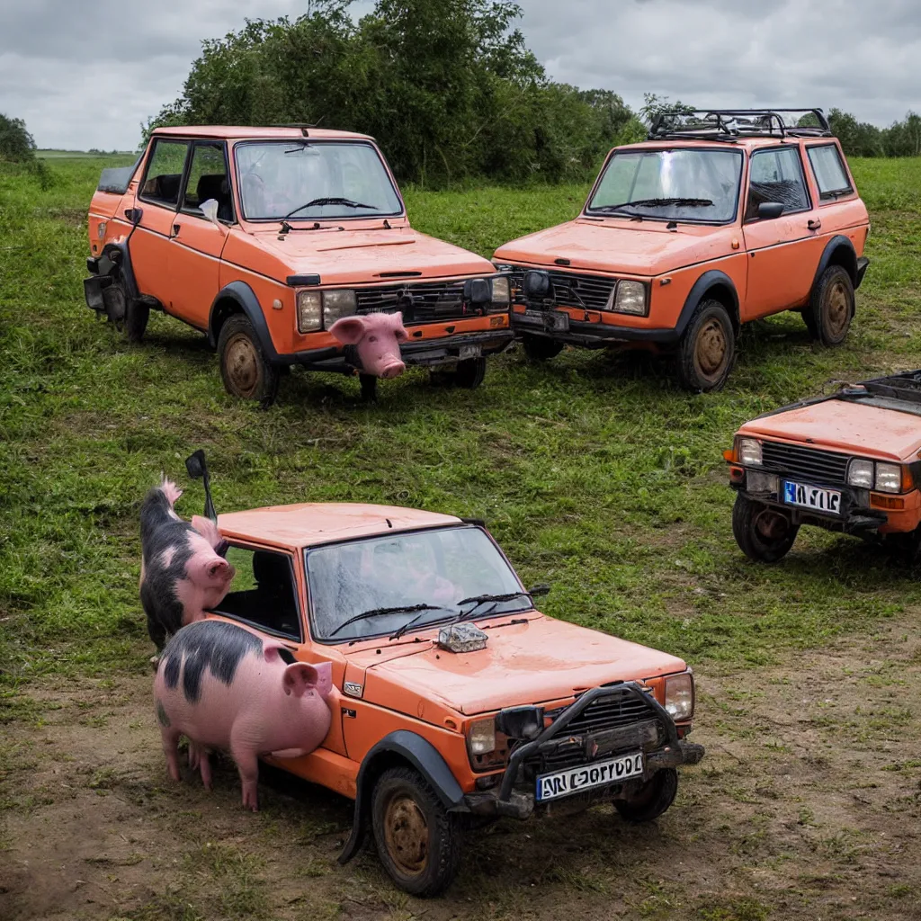 Image similar to pig driving, lada niva, award winning photography