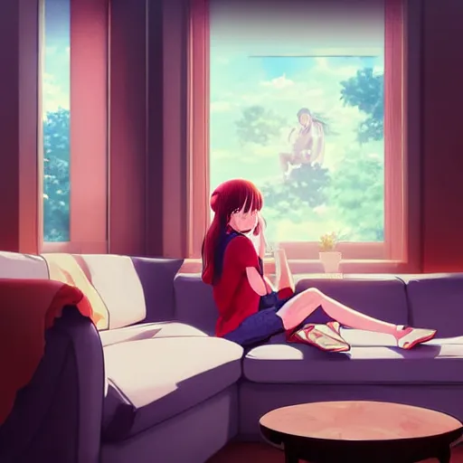 Prompt: girl sits on the sofa and listens to music, the sun shines through the window, highly detailed, 8 k, in style of kyoto animation, art by artgerm