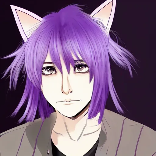 Image similar to Portrait art of a young man with purple hair and cat ears by shinji aramaki