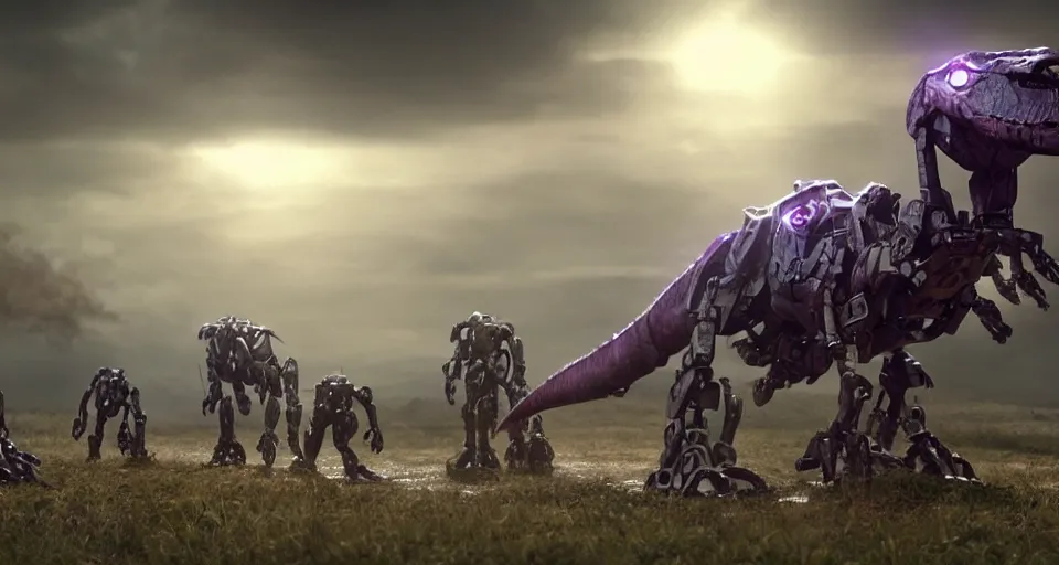 Image similar to movie still of dinosaur mecha robots, atmospheric, purple lasers, beautiful, directed by neil blomkamp, soft lighting, cinematic lighting, film grain, very high detail, dramatic composition,