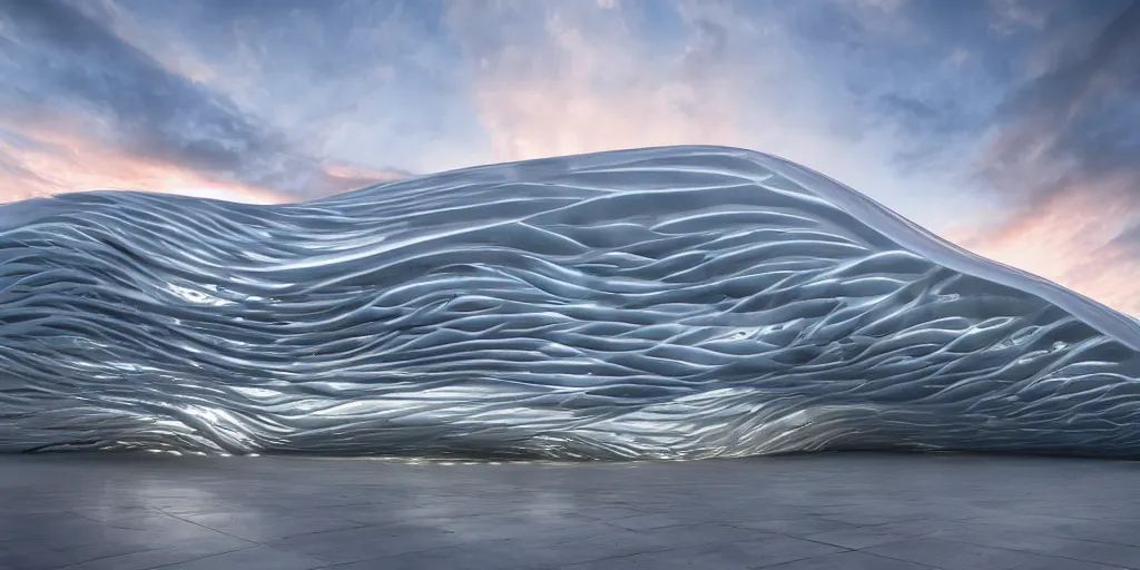 Image similar to extremely detailed awe stunning beautiful futuristic smooth curvilinear museum exterior, translucent gills, zaha hadid, stunning volumetric light, stainless steel, concrete, translucent material, beautiful sunset, hyper real, 8k, colorful, 3D cinematic volumetric light, atmospheric light