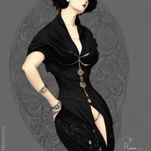 Image similar to Woman with black short hair, wearing black dress smoking, intricate, elegant highly detailed, digital painting, artstation, concept art, smooth, sharp focus, illustration, art by artgerm and greg rutkowski and alphonse mucha