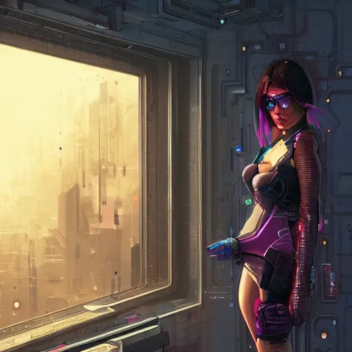 Image similar to portrait of cyberpunk woman looking out of a window, cyberpunk setting, futuristic, highly detailed, intricate lighting, digital painting, sharp focus, illustration, trending on artstation, art by marc brunet.