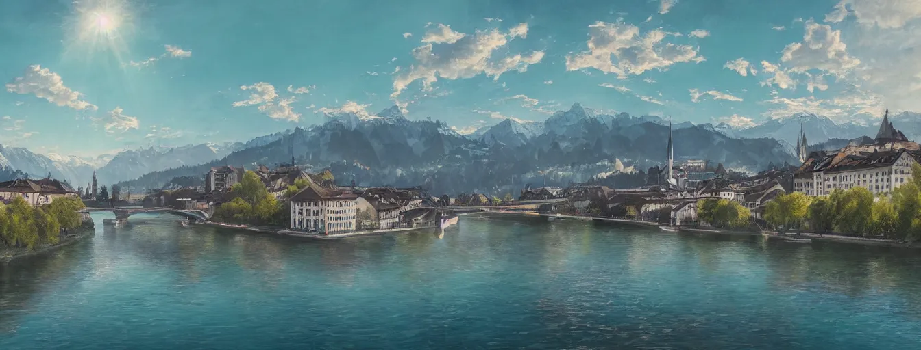 Image similar to Digital painting of Zurich, looking down the Limmat and the lake and the alps, wide angle, volumetric light, hyperdetailed, light blue water, artstation, cgsociety, 8k