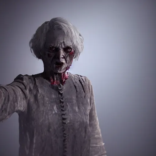 Image similar to a highly detailed photographic render of a creepy old lady, bloody, cannibal woman, cinematic lighting, cinematic scene, Volumetric lighting, Atmospheric scene, Dark, Horror, Atmospheric lighting, Global illumination cinematic render, film, beautifully lit, ray traced, octane 3D render, octane render, unreal engine