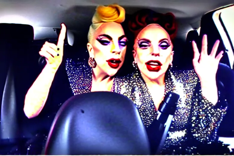 Image similar to lady gaga and judy garland doing carpool karaoke, lady gaga and judy garland, carpool karaoke, lady gaga, judy garland, carpool karaoke, youtube video screenshot, the late late show with james corden