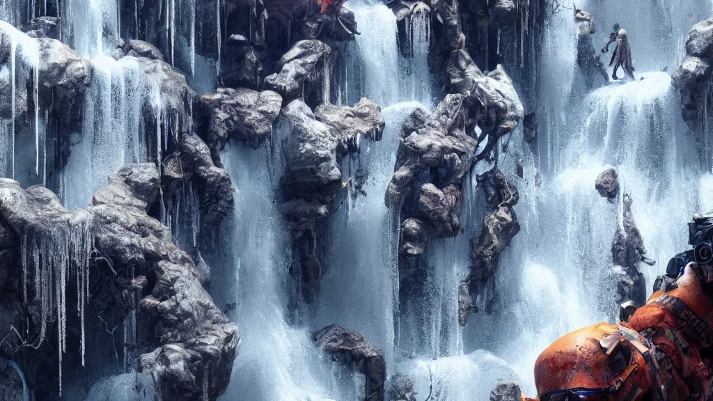 Prompt: ghosts!!! in a waterfall hyperdetailed, artstation, cgsociety, golden hour 8k, close up