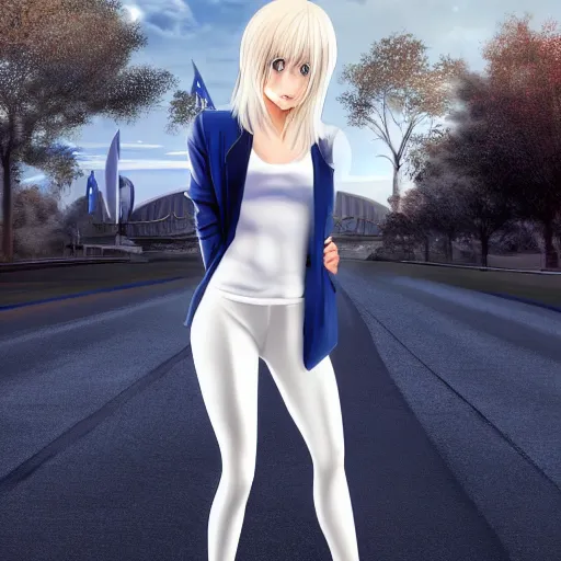 Prompt: aristocratic platinum - blonde - haired long bob cut blue - eyed princess wearing white leggings and black jacket, standing next to communist monument, anime, hd anime wallpaper, hyperrealistic lighting, drawn by artgerm