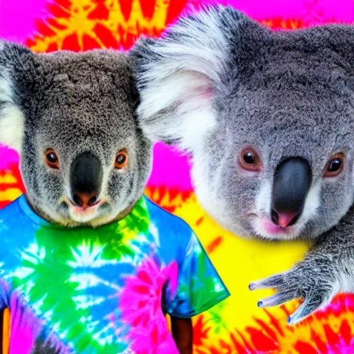 Prompt: two koalas wearing tie dye shirts