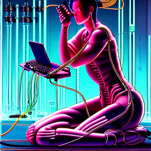 Image similar to a detailed airbrush cyberpunk illustration of a female android seated on the floor in a tech labor, seen from the side with her body open showing cables and wires coming out, by masamune shirow, hajime sorayama, boris vallejo and katsuhiro otomo, japan, 1980s, dark, colorful