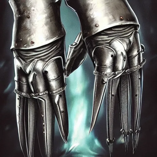 Image similar to metal claws on gloves, weaponized gauntlett, old gloves with attached talons, pointy fingertips, dark background, highly detailed, 8 k, trending on artstation, mystic, rpg artwork, by peter jackson, by sauron