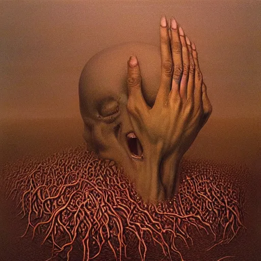 Image similar to horrifying creatures devouring humans painting by Zdzisław Beksiński