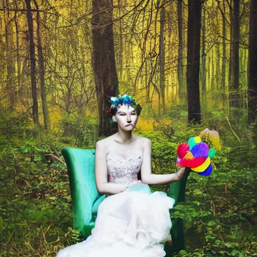 Image similar to a masterpiece portrait of a sad angel sitting in a colorful forest in a long rainbow wedding gown
