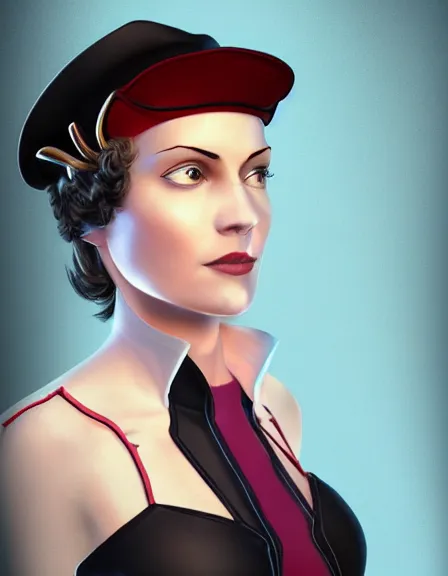 Image similar to intelligent female pirate captain 3 5 years old, 1 9 3 0 s haircut, fully clothed, wise, beautiful, portrait by stanley artgerm, dramatic lighting, trending on artstation, flat colour, geometric curves, gradient filter, art deco pattern, sharp focus