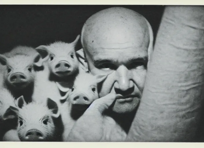 Image similar to polaroid of jean genet surrounded by piglets in a tunnel