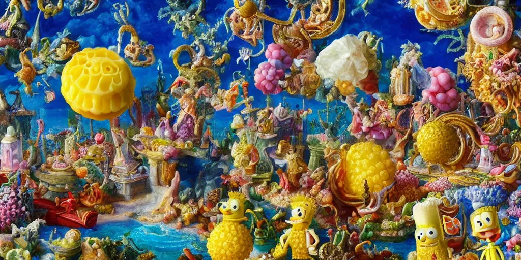 Prompt: SpongeBob, tilt shift, prismatic, italian masterpieces, painted marble sculptures, baroque, beautiful, gracious, pagans, marble, clouds, sun, fruits, bioluminescent skin, ultra detailed