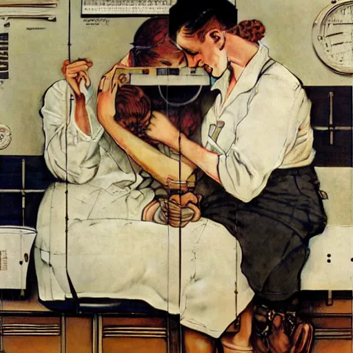 Prompt: male and female scientists in love with each other instead of researching, by norman rockwell