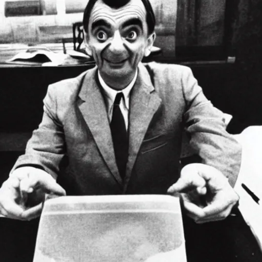 Prompt: Archival photo of Mr Bean defecting to the Soviets