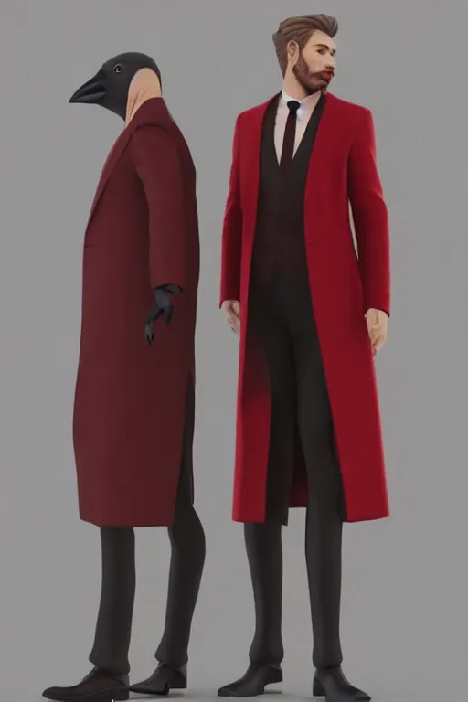 Image similar to 2 Crows wearing a red formal overcoat, hyperrealistic, concept art, octane render, unreal engine 5, trending on DeviantArt, highly detailed, high quality, 8K, soft lighting, cute, natural lighting, realistic face, trending on Artstation, elegant clothes, profile picture, path traced, house background