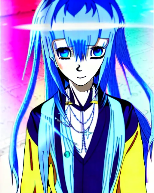 Image similar to a hologram of rimuru tempest, sky blue hair, golden yellow eyes, wearing black stylish clothing, holography, irridescent, baroque visual kei decora art