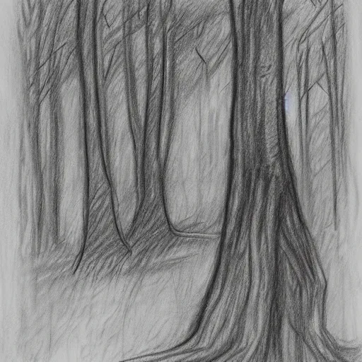 Prompt: a ghost in gloomy woods pencil sketch