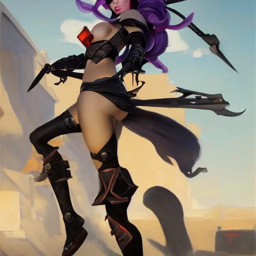 Image similar to greg manchess portrait painting of partially armored jinx from arcane as overwatch character, medium shot, asymmetrical, profile picture, organic painting, sunny day, matte painting, bold shapes, hard edges, street art, trending on artstation, by huang guangjian, gil elvgren, ruan jia, greg rutkowski, gaston bussiere