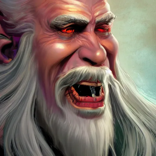 Image similar to bright, colorful, realistic, detailed from Elder Scrolls: Shivering isles concept art of The Mad God Sheogorath with a madsmile, combed white short beard and slicked back white hair backlighting, kodachrome, high contrast, highly detailed, sharp focus, digital painting, concept art, illustration, trending on artstation, comic book by Alex Ross and Adam Adamowicz cover art