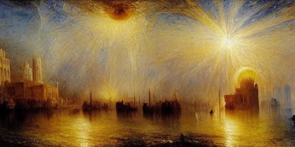 Prompt: The Port of Constantinople, ancient art, flock of birds, light of god, angelic light, classical art, in style of J.M.W. Turner