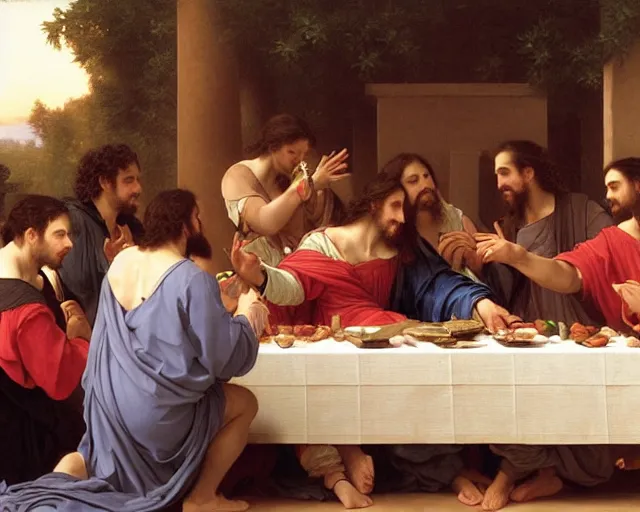 Image similar to beautiful glorious realistic oil painting of the last supper, baroque style by bouguereau, sunset, highly detailed and photorealistic, 8 k intricate