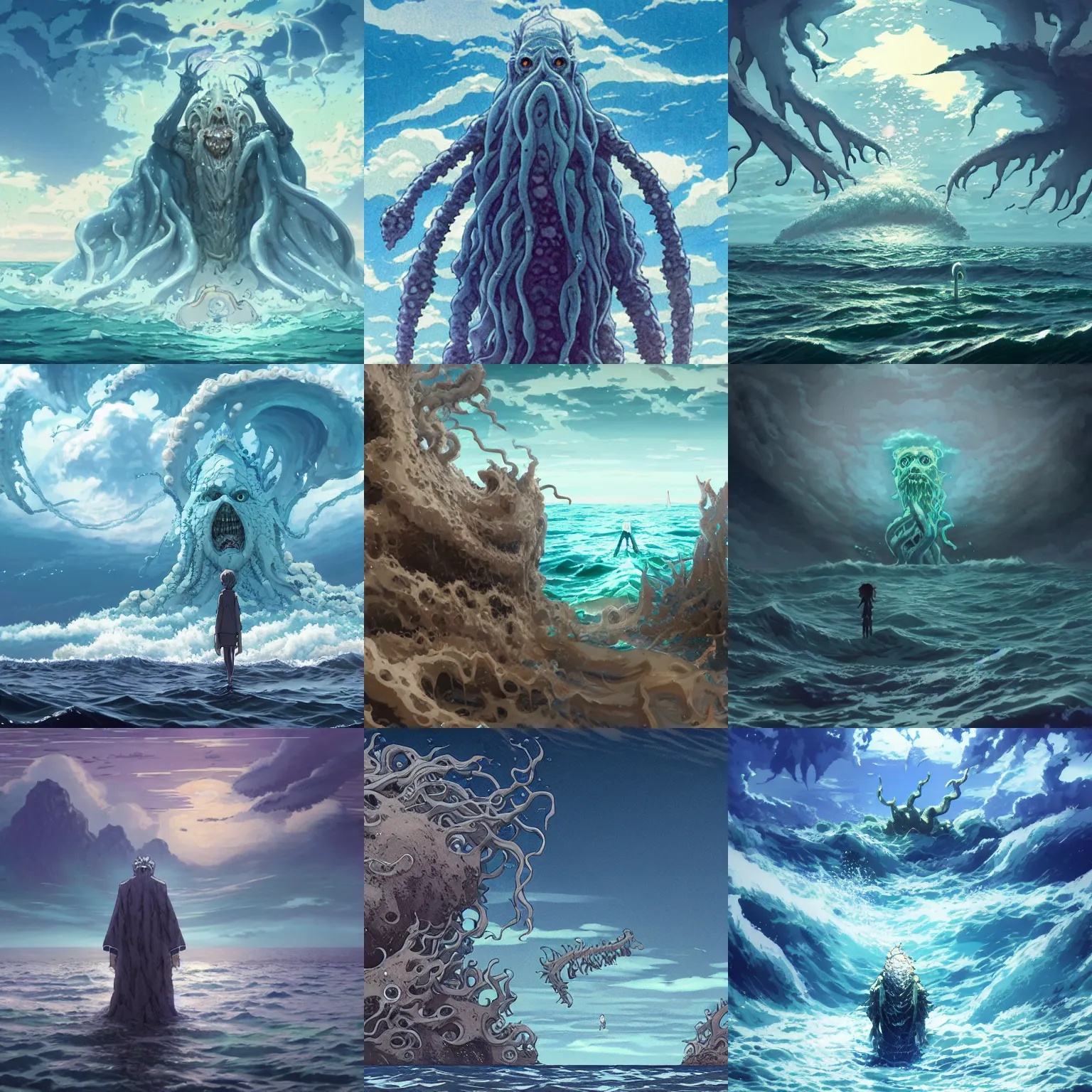 Prompt: An eldritch sea god rises from the ocean as beachgoers flee in terror, H.P. Lovecraft, horror, highly detailed, artstation, concept art, official Kyoto Animation and Studio Ghibli anime screenshot, by Makoto Shinkai and Range Murata