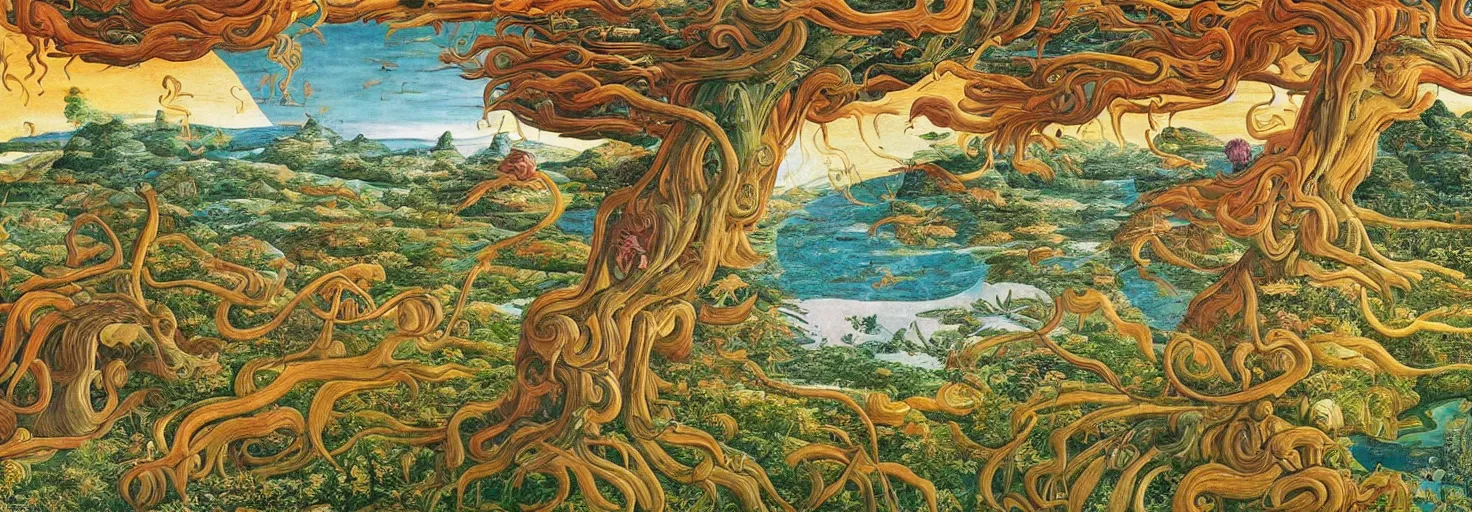 Image similar to beautiful landscape mural of an alien planet, lush landscape, vivid colors, intricate, highly detailed, masterful, fantasy world, in the style of sandro botticelli, moebius